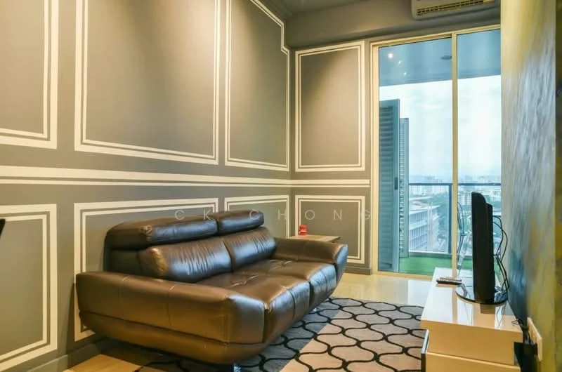Living features: grey painted walls with white trim, dark brown leather sofa, area rug with geometric pattern, wall-mounted TV, floor-to-ceiling windows, sliding glass door, curtains, recessed downlights, air conditioning unit; style: modern; view: city.