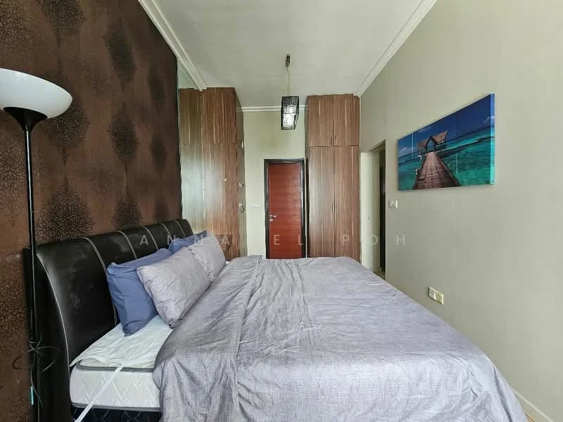Bedroom features: king-size bed with grey bedding, upholstered headboard, wooden wardrobe with sliding doors, decorative wall with brown patterned wallpaper, plain painted walls in light green, ceiling light fixture, flooring not visible, wall-mounted artwork with beach scene, window with no visible treatment, door leading to hallway; style: modern.