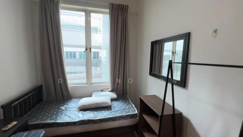 Bedroom features: single bed with mattress, grey bedding, floor-to-ceiling window, curtains, wooden bed frame, mirror on wall, wooden shelf, wooden bedside table.