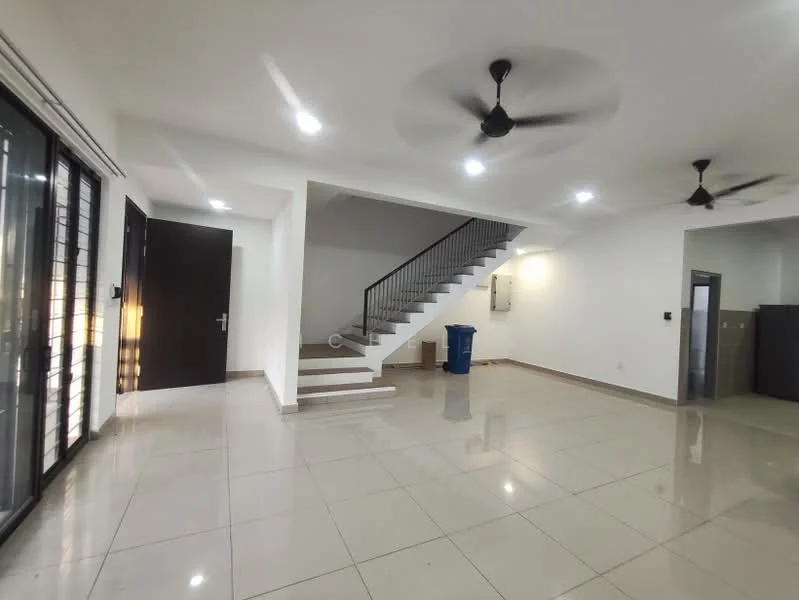 Living features: white painted walls, glossy ceramic tile flooring, 5-blade ceiling fan with light, 5-blade ceiling fan, staircase with metal railing, large glass sliding doors, interior door, air conditioning unit, blue trash bin; style: modern.