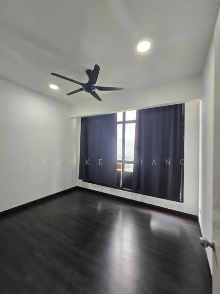 Room features: dark wood laminate flooring, white painted walls, ceiling fan, floor-to-ceiling window, blackout curtains, mountain view; style: modern; view: mountain.