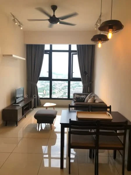 Living features: 3-seater fabric sofa in grey, coffee table, TV console, wall-mounted TV, area rug, 5-blade ceiling fan, recessed downlights, floor-to-ceiling windows, curtains, dining table with 4 chairs, decorative pendant lights; style: modern; view: city.