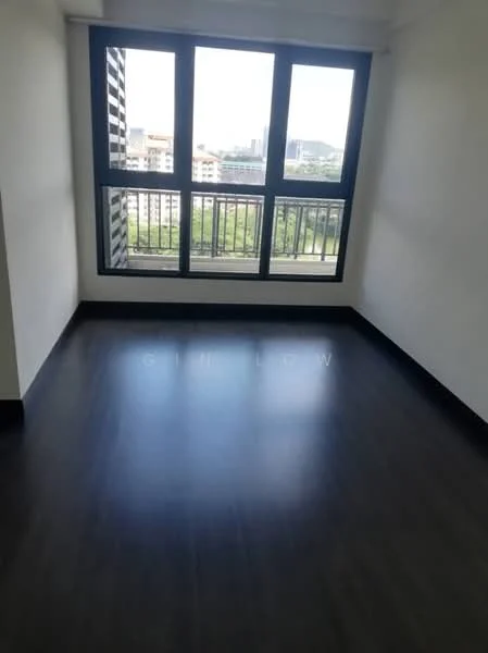 Room features: large floor-to-ceiling windows, black laminate flooring, white painted walls, city view, balcony access; style: modern; view: city.
