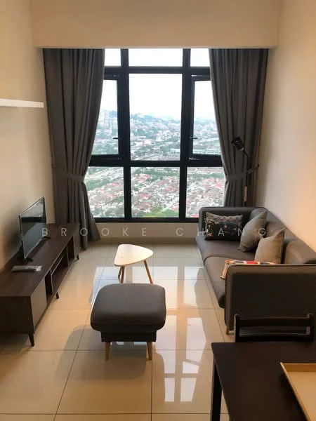 Living features: grey fabric sofa, wooden coffee table, TV console, wall-mounted TV, floor-to-ceiling windows, sheer curtains, ceramic tile flooring, decorative wall shelf, area rug, city view; style: modern; view: city.