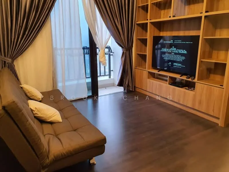 Living features: sofa bed in grey fabric, two decorative cushions, wooden TV console, wall-mounted TV, dark laminate flooring, floor-to-ceiling curtains in dark fabric, balcony door, open shelving units, neutral wall colour; style: modern.
