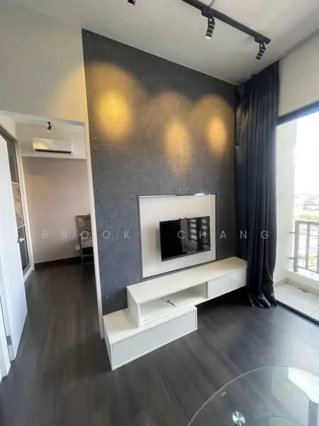 Living features: dark accent wall, white TV console, wall-mounted TV, recessed lighting, floor-to-ceiling windows, dark wood flooring, curtains, open layout; style: modern; view: city.
