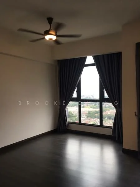 Room features: dark wood flooring, white painted walls, 5-blade ceiling fan with light, floor-to-ceiling windows, grey curtains, city view; style: modern; view: city.
