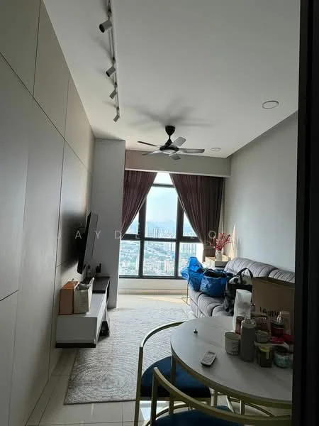 Living features: light grey painted walls, wooden flooring, 5-blade ceiling fan with light, sofa in light grey, TV mounted on wall, coffee table, area rug, floor-to-ceiling windows with city view, curtains in dark brown, decorative items on table; style: modern; view: city.