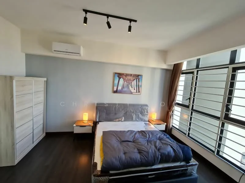 Bedroom features: king-size bed, upholstered headboard, 2 bedside lamps, built-in wardrobe, floor-to-ceiling windows, roller blinds, wall-mounted split AC, track lighting, dark wood flooring, decorative artwork on wall; style: modern.
