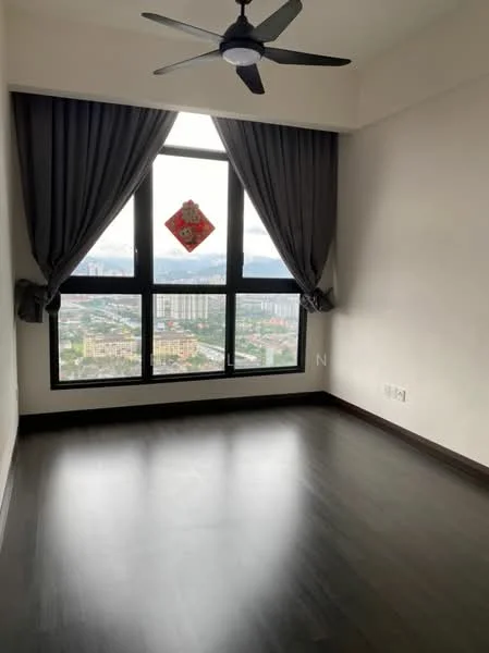 Room features: floor-to-ceiling windows, blackout curtains, 5-blade ceiling fan, dark wood flooring, neutral painted walls, city view; style: modern; view: city.