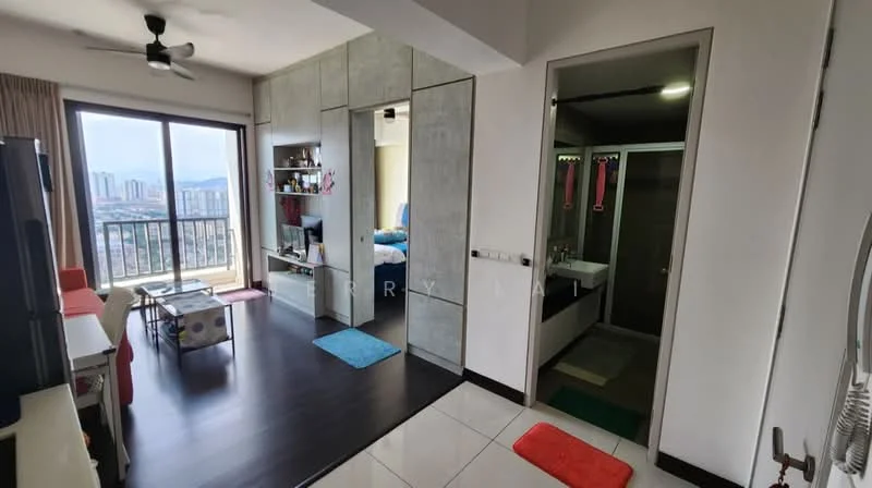Living features: 5-blade ceiling fan, wall-mounted TV, white painted walls, dark wood flooring, open shelving, sofa, coffee table, decorative rug; style: modern; view: city. Bathroom features: glass shower enclosure, single-sink vanity with white cabinet, chrome basin mixer, white tiled walls, tile flooring; style: modern.