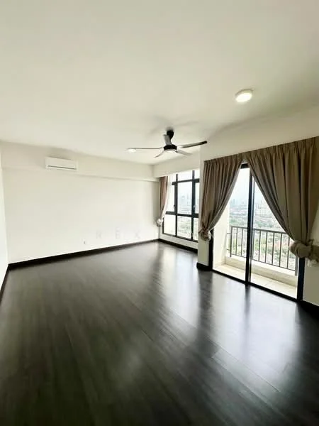 Living features: dark wood flooring, white painted walls, 5-blade ceiling fan with light, floor-to-ceiling windows, balcony door, curtains, air conditioning unit, recessed ceiling lights; style: modern; view: city.