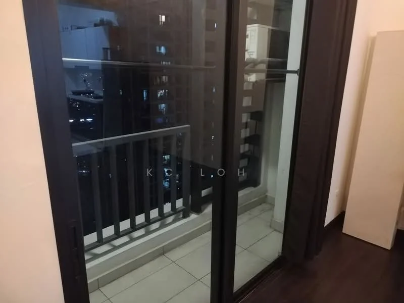 Room features: floor-to-ceiling sliding glass door, balcony with railing, tile flooring, blackout curtains, city view, exterior wall with windows; view: city.