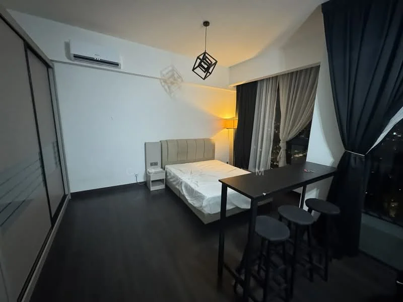 Bedroom features: queen-size bed, upholstered headboard, 2 bedside lamps, floor-to-ceiling windows, blackout curtains, wooden flooring, 1 wall-mounted split AC, recessed downlights, small dining table with 2 stools, decorative pendant light; style: modern; view: city.