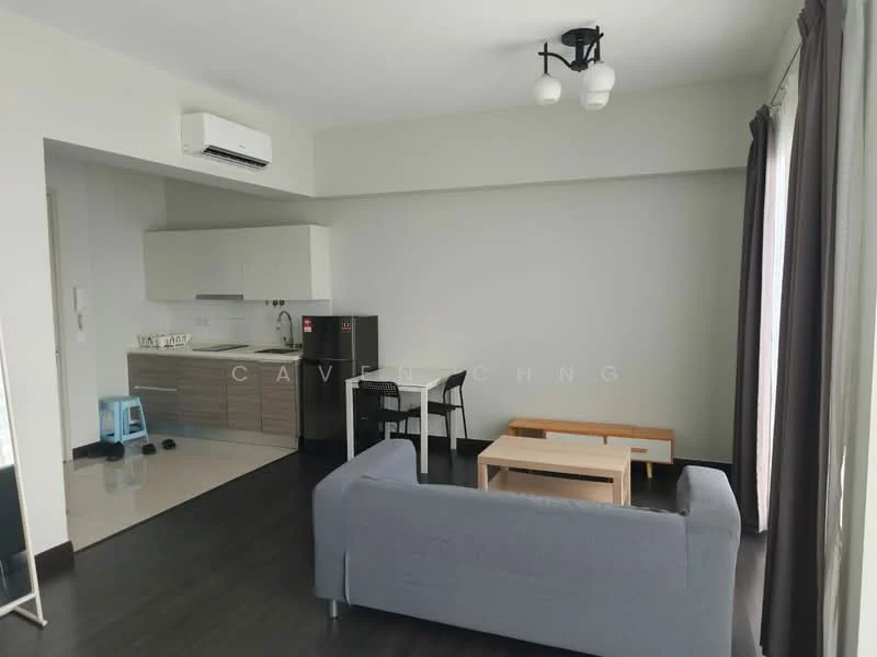 Living features: grey fabric sofa, 2 wooden coffee tables, black dining table with 4 chairs, stainless-steel fridge, built-in kitchen cabinetry, white walls, dark wood flooring, 1 wall-mounted split AC, floor-to-ceiling windows with sheer curtains, recessed ceiling lights; style: modern.