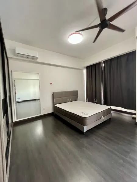 Bedroom features: dark wood flooring, white painted walls, 5-blade ceiling fan, wall-mounted split AC, large mirror, blackout curtains, upholstered headboard, queen-size bed base; style: modern.