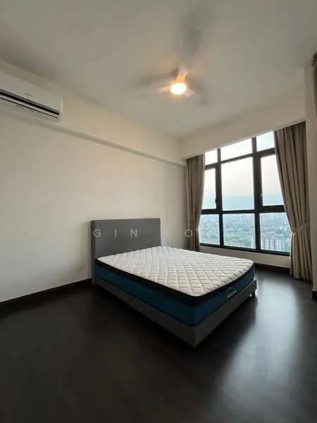 Bedroom features: king-size bed base, mattress, floor-to-ceiling windows, curtains, 1 wall-mounted split AC, 5-blade ceiling fan, dark wood flooring, neutral painted walls; style: modern; view: city.
