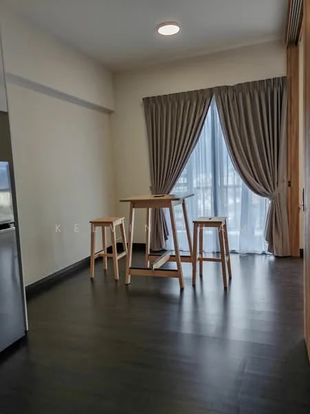 Room features: wooden flooring, white painted walls, floor-to-ceiling windows, sheer curtains, dining table with high stools, recessed ceiling light; style: modern; view: city.