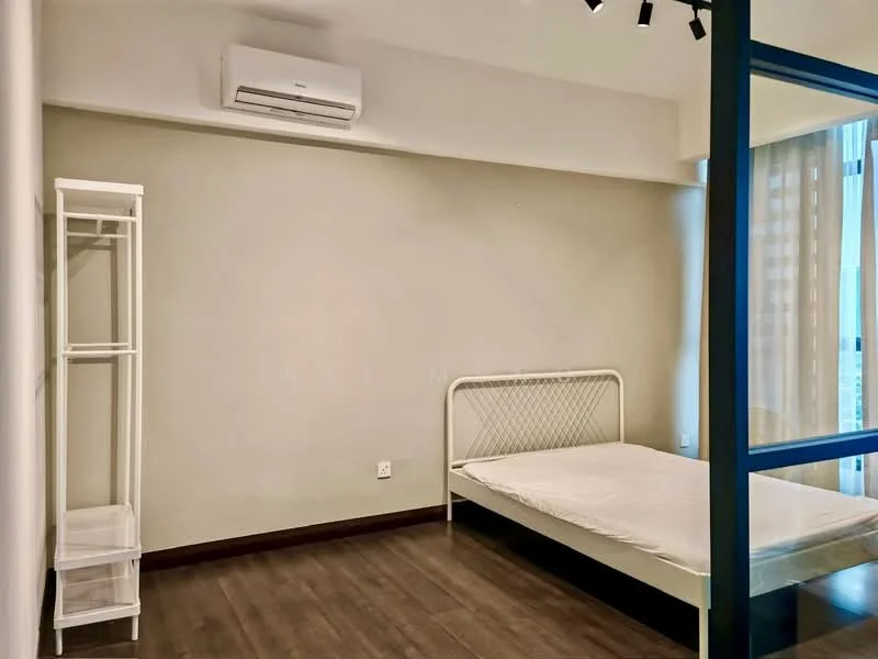 Bedroom features: wooden flooring, white painted walls, 1 wall-mounted split AC, single bed frame without mattress, open shelving unit, transparent glass partition, curtains, track lighting; style: modern.