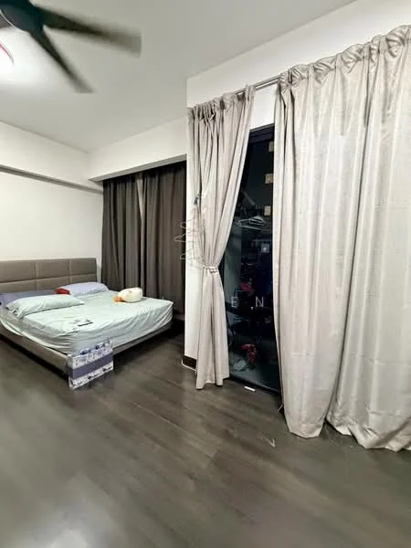 Bedroom features: queen-size bed, upholstered headboard, bedside lamps, floor-to-ceiling windows, sliding glass door, sheer curtains, blackout curtains, wooden flooring, 5-blade ceiling fan, decorative pillows, wall-mounted decor, built-in wardrobe; style: modern.
