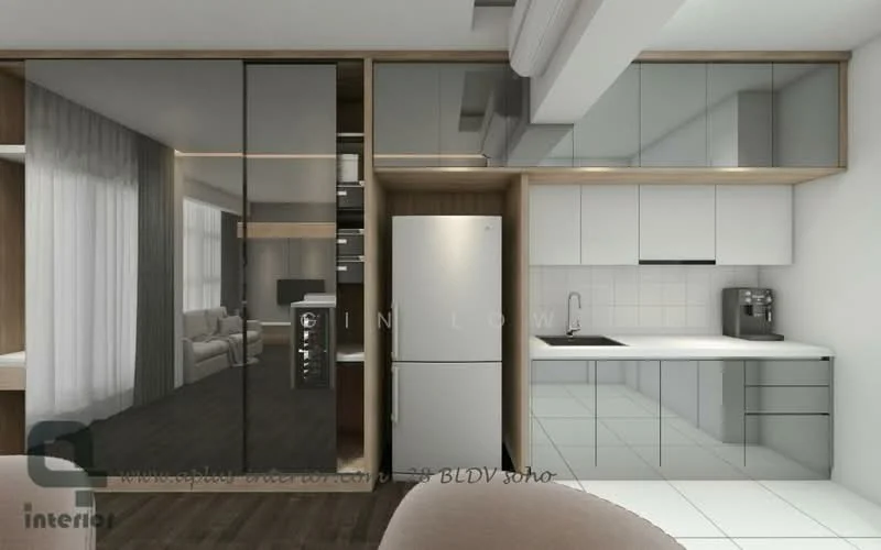 Kitchen features: black glossy cabinetry, white upper cabinets, white countertop, stainless-steel fridge, built-in oven, ceramic tile backsplash, single-bowl stainless-steel sink, chrome pull-down faucet, recessed downlights, wooden flooring, open shelving, integrated appliances, pantry storage; style: modern. Living features: sofa, coffee table, area rug, floor-to-ceiling windows, curtains, wall-mounted TV; style: modern.