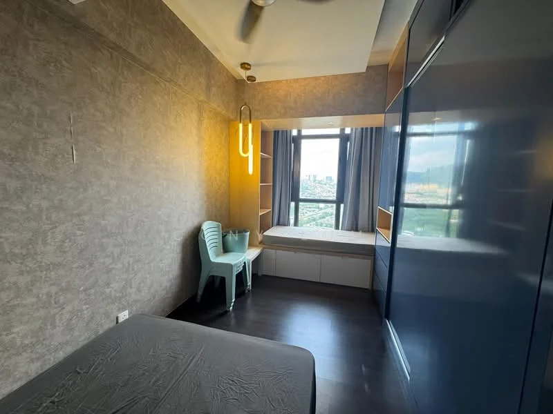 Bedroom features: grey wallpaper, dark wood flooring, floor-to-ceiling windows, city view, built-in wardrobe, bedside table, single bed frame, ceiling fan with light, LED pendant light, window treatments, corner seating area, built-in storage under window; style: modern; view: city.