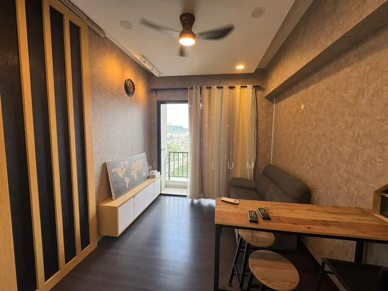 Living features: 5-blade ceiling fan with light, grey fabric sofa, wooden dining table, white media console, wall-mounted TV, floor-to-ceiling windows, sheer curtains, dark wood flooring, decorative wall clock, map artwork on wall; style: modern; view: city.