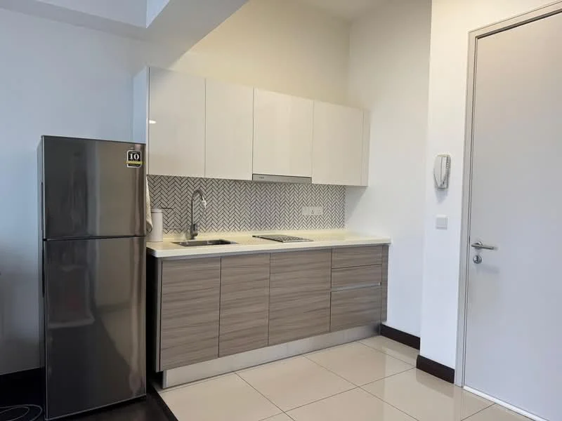 Kitchen features: stainless-steel fridge, single-bowl stainless-steel sink, chrome pull-down faucet, white laminate upper cabinets, wooden lower cabinets, white countertop, herringbone patterned backsplash, ceramic tile flooring, wall-mounted intercom, door with handle; style: modern.