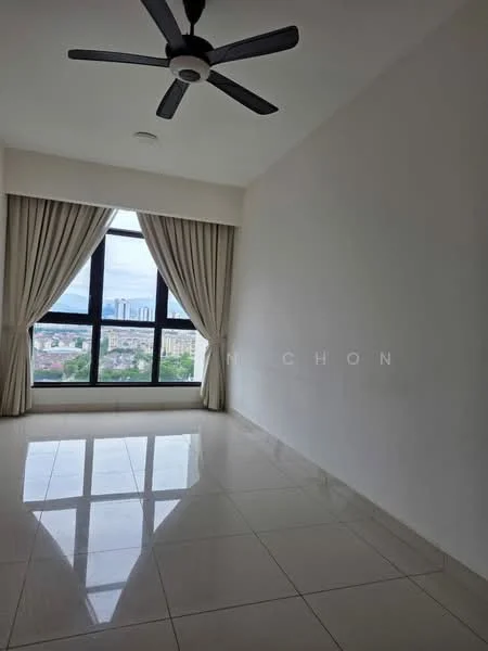 Room features: floor-to-ceiling windows, curtains, 5-blade ceiling fan, white painted walls, glossy tile flooring, city view, natural light; style: modern; view: city.