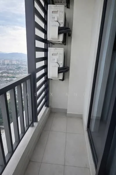 Room features: balcony, tile flooring, glass railing, two wall-mounted split AC units, city view; style: modern; view: city.