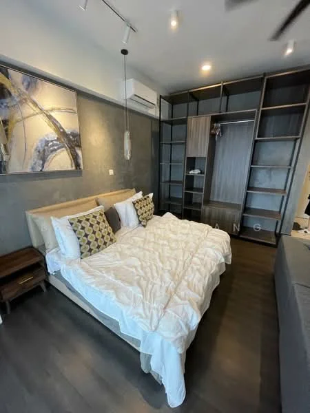 Bedroom features: queen-size bed with beige upholstered headboard, white bedding with decorative pillows, dark wood bedside table, wall-mounted air conditioning unit, open shelving unit with wooden and grey finishes, grey accent wall, dark wood flooring, recessed ceiling lights, ceiling fan; style: modern.