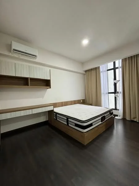 Bedroom features: queen-size bed, wooden bed frame, built-in desk with storage, wall-mounted air conditioning unit, floor-to-ceiling window, sheer curtains, dark laminate flooring, wood panel accent wall, light ceiling with recessed lighting; style: modern.