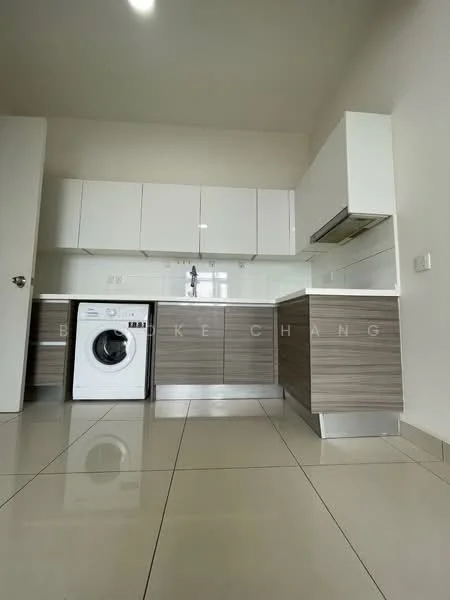 Kitchen features: white upper cabinets, wood lower cabinets, white countertop, stainless-steel sink, chrome pull-down faucet, built-in oven, freestanding washing machine, ceramic tile flooring, recessed downlights, open shelving, modern cabinetry, minimalist design; style: modern.