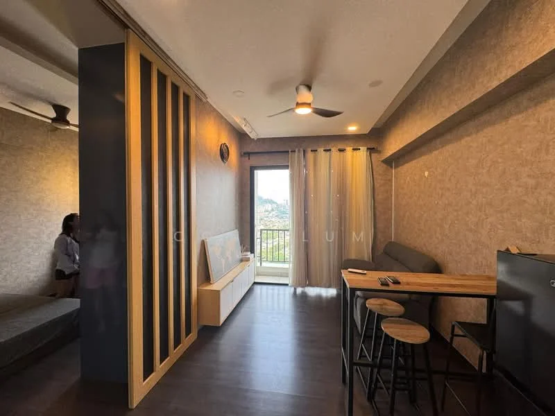 Living features: floor-to-ceiling windows, sliding glass door, grey accent wall, wooden feature wall, ceiling fan, recessed downlights, dark wood flooring, dining table with stools, sofa, decorative wall art, curtains, open layout; style: modern; view: city.
