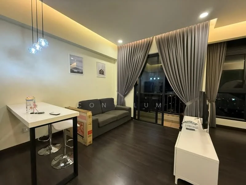 Living features: grey fabric sofa, white coffee table, bar-height dining table with stools, floor-to-ceiling windows, sheer curtains, dark wood flooring, recessed ceiling lights, decorative wall art; style: modern; view: city.