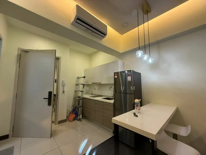 Kitchen features: white painted walls, recessed ceiling with warm LED lighting, ceramic tile flooring, kitchen cabinets in light wood finish, stainless-steel fridge, built-in oven, 4-burner gas hob, single-bowl stainless-steel sink, chrome pull-down faucet, white dining table, white dining chair, wall-mounted air conditioning unit, open shelving, kitchen utensils on countertop; style: modern.