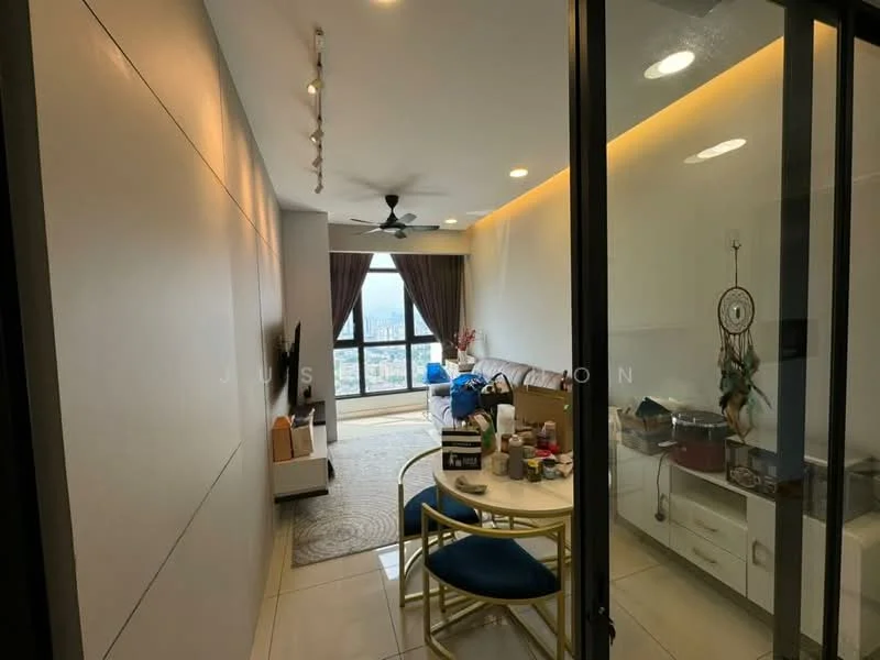 Living features: cream painted walls, white ceiling with recessed lighting, 5-blade ceiling fan with light, floor-to-ceiling windows, curtains, light-colored sofa, round area rug, glass coffee table, blue dining chairs, decorative wall hanging, decorative plants, TV console, various items on surfaces; style: modern; view: city.