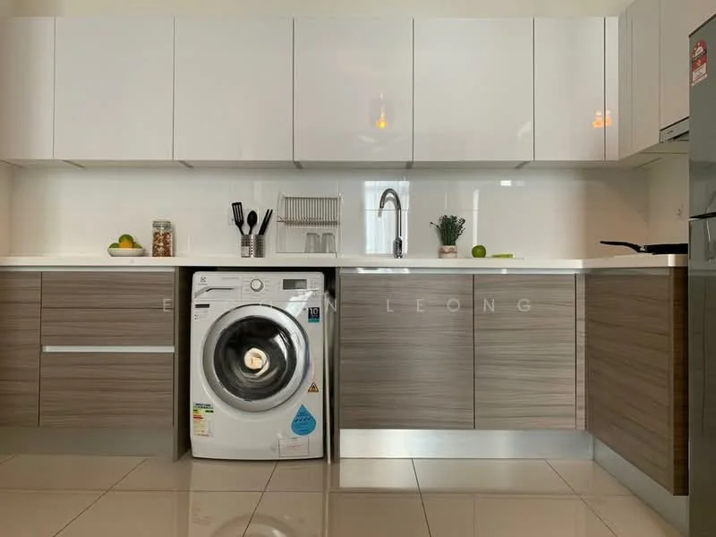 Kitchen features: white upper cabinets, wooden lower cabinets, white countertop, stainless-steel sink, chrome pull-down faucet, built-in washing machine, ceramic tile flooring, recessed downlights, kitchen utensils on countertop, decorative items on countertop, green apples on countertop; style: modern.