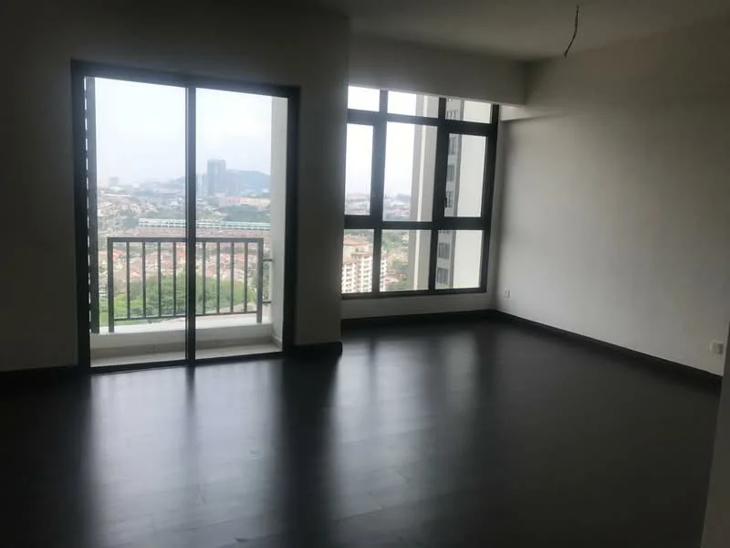 Room features: large floor-to-ceiling windows, black laminate flooring, neutral painted walls, city view, balcony access, open layout, natural light, minimalist design; style: modern; view: city.