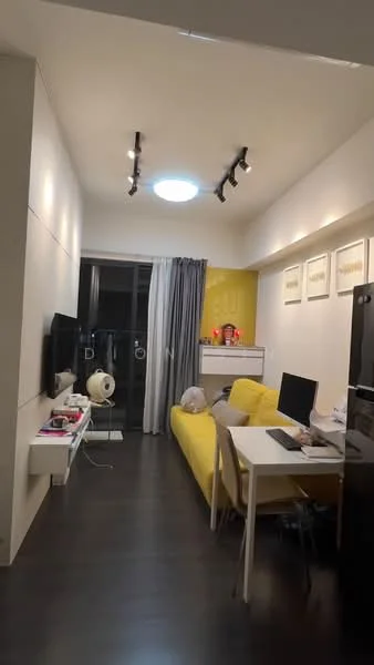 Living features: yellow fabric sofa, white dining table, black dining chair, wall-mounted TV, black refrigerator, recessed ceiling lights, large round ceiling light, grey curtains, wooden flooring, white wall with artwork, black console table; style: modern.