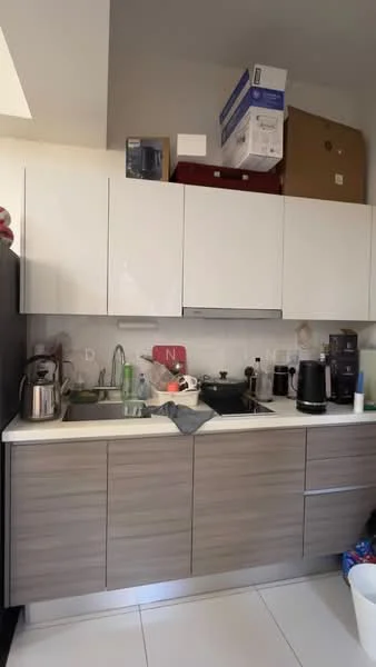 Kitchen features: white upper cabinets, wooden lower cabinets, stainless-steel sink, chrome pull-down faucet, black frying pan, green dish rack, toaster, electric kettle, microwave, coffee machine, countertop with white surface, tile backsplash, white tiled flooring; style: modern.