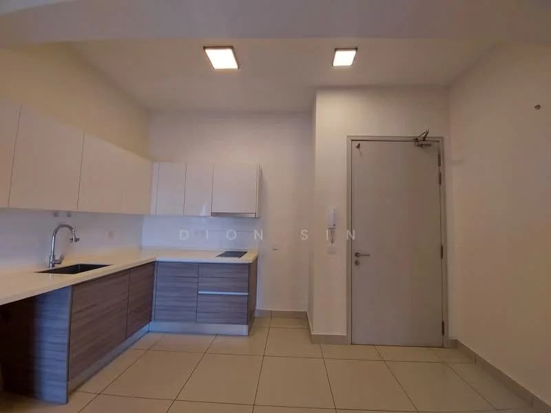 Kitchen features: white cabinetry, wooden lower cabinets, marble countertop, single-bowl stainless-steel sink, chrome pull-down faucet, built-in stove, tile backsplash, recessed downlights, neutral tile flooring, door leading to hallway; style: modern.
