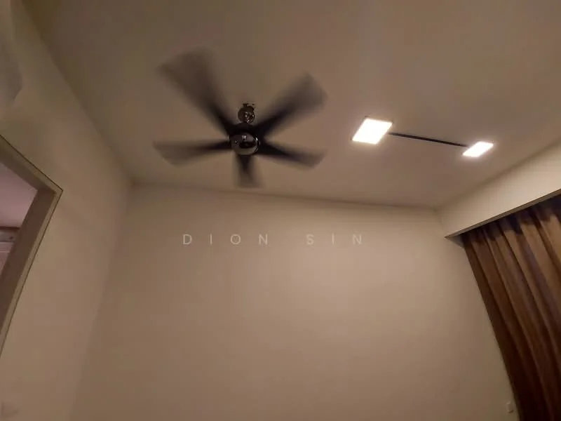 Room features: white painted walls, ceiling fan, recessed LED downlights, curtains, neutral flooring.