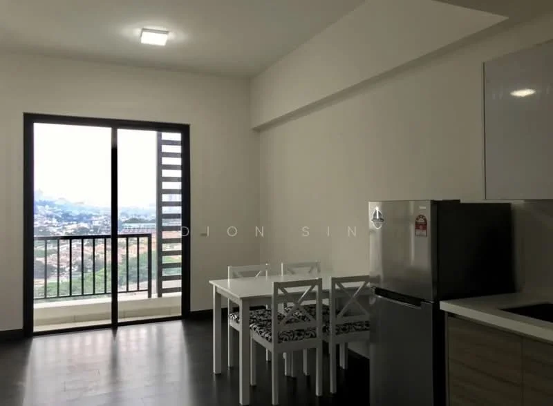 Living features: floor-to-ceiling windows, black metal railing, white walls, recessed ceiling lights, dark laminate flooring, dining table with white chairs, stainless-steel fridge, kitchen cabinetry with wood finish, open layout, city view from window; style: modern; view: city.