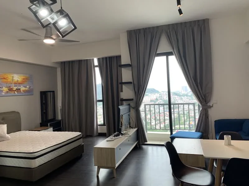 Room features: queen-size bed, upholstered headboard, bedside table, floor-to-ceiling windows, curtains, 3-blade ceiling fan, recessed LED downlights, wooden flooring, blue fabric sofa, coffee table, dining table, decorative artwork, mountain view; style: modern; view: city.