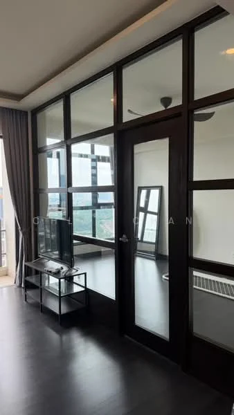 Room features: floor-to-ceiling windows, dark wood framed glass doors, black ceiling fan, dark wood flooring, TV console, mirror, curtains, city view; style: modern; view: city.