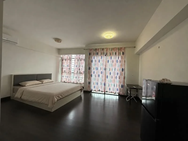 Bedroom features: king-size bed, upholstered headboard, floor-to-ceiling windows, sheer curtains with polka dot pattern, dark wood flooring, 1 wall-mounted split AC, refrigerator, study desk, ceiling light; style: modern; view: city.