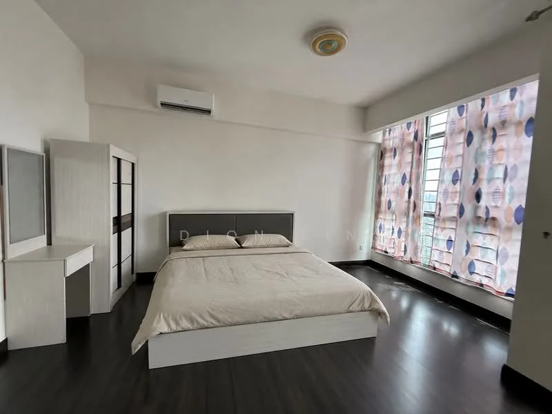 Bedroom features: king-size bed with beige bedding, upholstered headboard, 2 bedside lamps, built-in wardrobe with sliding doors, dressing table with mirror, floor-to-ceiling windows with sheer curtains, blackout curtains, air conditioning unit, dark wood flooring, ceiling light fixture; style: modern; view: city.