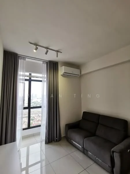 Living features: grey fabric sofa, floor-to-ceiling windows, sheer curtains, recessed LED downlights, wall-mounted split AC, glossy tile flooring, neutral painted walls; style: modern; view: city.