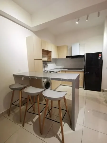 Kitchen features: light wood cabinetry, white countertop, stainless-steel sink, chrome pull-down faucet, built-in oven, freestanding refrigerator in black, washing machine, 4-burner gas hob, tile flooring, recessed downlights, bar seating with 3 stools; style: modern.